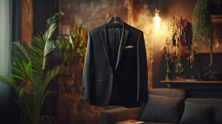 A sleek black suit elegantly displayed on a hanger, set against a warm, stylish interior with soft lighting and lush greenery, perfect for fashion-themed projects.の素材