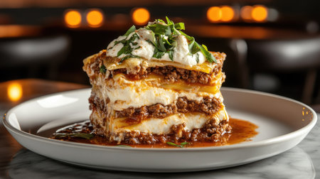 A mouthwatering layered pasta dish featuring rich meat and cheese, perfect for a comforting dinner. Ideal for food photography and culinary presentations.の素材