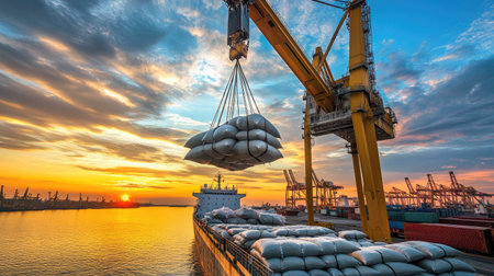 A stunning view of a cargo ship being loaded at sunset, highlighting the crane in action. The colorful sky reflects the dynamic nature of maritime transport.の素材