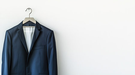 A sleek and elegant suit hanging on a minimalist white wall, perfect for showcasing fashion, professionalism, or business attire in a stylish presentation.の素材