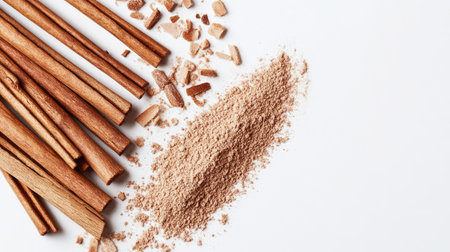Close-up of cinnamon sticks and powder on a clean white surface. This image highlights the earthy textures and rich color of this popular spice used in cooking and baking.の素材