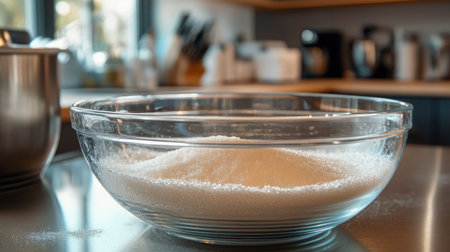 A clear glass bowl filled with white sugar sits on a shining kitchen countertop, showcasing an inviting atmosphere for culinary preparation and baking.の素材