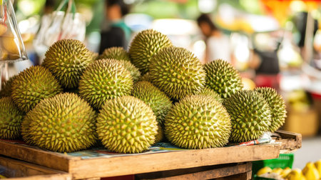 A vibrant display of fresh durians at a local market, showcasing their unique spiky texture and appealing green color. Emphasizes tropical food culture.の素材
