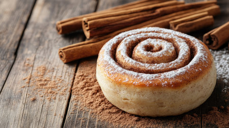 A freshly baked cinnamon roll dusted with powdered sugar rests on a rustic wooden table alongside cinnamon sticks, evoking warmth and comfort. Perfect for dessert or breakfast.の素材