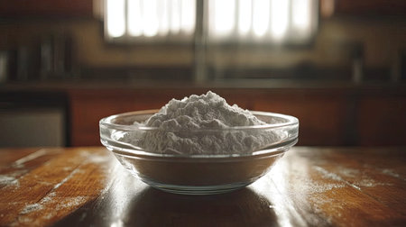 A close-up view of a bowl filled with flour sits on a kitchen countertop. Soft lighting enhances the rustic feel, making it ideal for cooking and baking imagery.の素材