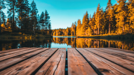 A tranquil dock stretches over a calm lake, reflecting autumn colors and clear blue skies, inviting relaxation and exploration in nature's beauty.の素材