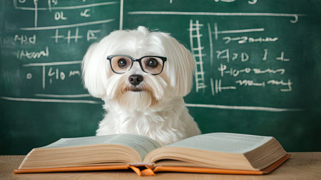 A charming small dog wearing glasses sits at a desk with an open book, portraying a humorous and studious vibe in a classroom environment.の素材