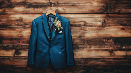 A stylish groom's suit elegantly displayed on a rustic wooden background, featuring a delicate boutonniere. Perfect for wedding preparations and fashion photography.の素材