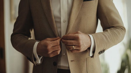 A close-up view of a man adjusting a stylish suit jacket, showcasing elegance and sophistication. Perfect for themes of fashion, formalwear, and business attire.の素材