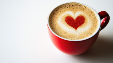 A vibrant red mug filled with coffee features a beautiful heart design made from froth, perfect for showcasing love or romance in a cozy setting.の素材