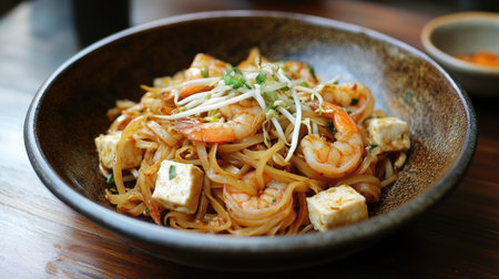 A vibrant bowl of shrimp noodles garnished with fresh herbs, featuring tender seafood and tofu. Perfect for a gourmet dining experience.の素材