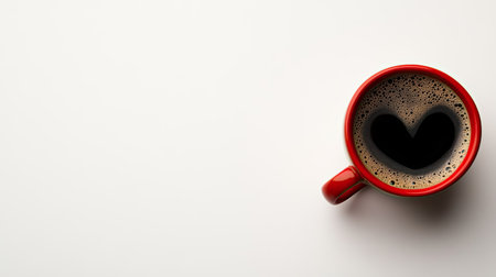 A red coffee cup with a heart-shaped foam on top, set against a clean white background. Perfect for conveying warmth, love, and comfort.の素材
