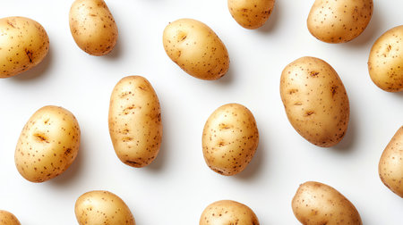 A collection of fresh raw potatoes scattered on a clean white background, showcasing their unique shapes and textures, perfect for culinary inspiration.の素材