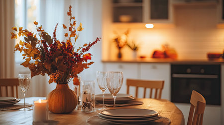 A cozy autumn dining table features a beautiful flower arrangement in a vase, elegant glassware, and soft warm lighting, perfect for gatherings.の素材
