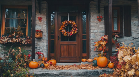 A cozy front door adorned with autumn decorations, featuring vibrant pumpkins and colorful leaves. Perfect for capturing the essence of fall and seasonal charm.の素材