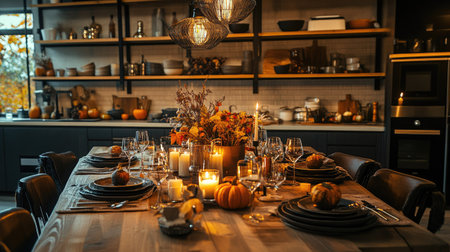 A beautifully arranged autumn dinner table featuring warm flowers, pumpkins, and candles. Perfect for festive gatherings, creating a cozy ambiance.の素材