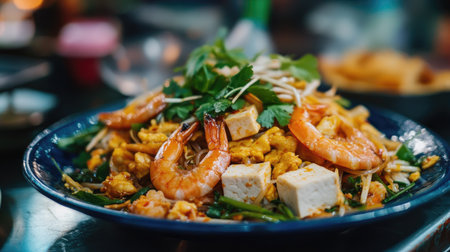 A vibrant plate of shrimp and tofu stir-fry, garnished with fresh herbs and colorful vegetables. Perfect for showcasing Asian cuisine and culinary art.の素材