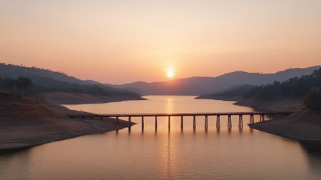 A stunning sunset over a calm river with a wooden bridge. The landscape features mountains in the background, creating a peaceful and serene atmosphere.の素材