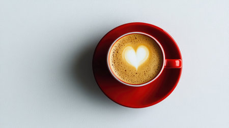 A charming red coffee cup featuring heart-shaped foam art sits on a light surface, embodying warmth and comfort perfect for cozy moments.の素材