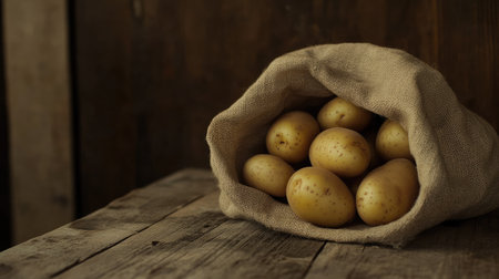 A rustic burlap sack filled with fresh, earthy potatoes sits on a wooden surface, capturing the essence of natural food and farm life.の素材