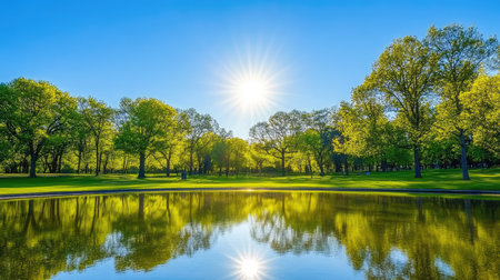 A picturesque park scene featuring vibrant green trees and a calm pond reflecting the bright sun under a clear blue sky, perfect for relaxation.の素材