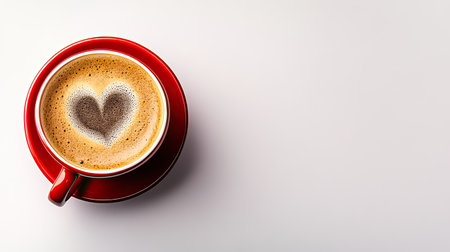 A vibrant red cup of coffee features heart-shaped foam art, set against a clean white background, perfect for conveying warmth and affection.の素材