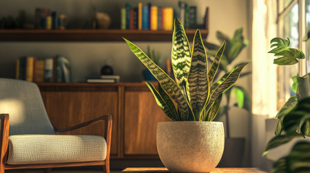 A serene indoor plant enhances the cozy living room ambiance, featuring natural light and stylish decor, creating a tranquil atmosphere for relaxation.の素材