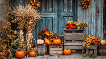 A charming autumn scene showcasing pumpkins and vibrant flowers against a rustic backdrop of wooden crates and straw, evoking seasonal warmth and festivity.の素材