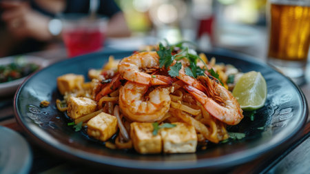 Enjoy a vibrant plate of shrimp and tofu, garnished with lime and fresh herbs. Perfect for food lovers seeking a delicious seafood experience.の素材
