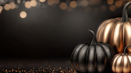 A striking composition of black and gold pumpkins set against a dark, bokeh-filled background, perfect for autumn-themed projects and seasonal decor.の素材