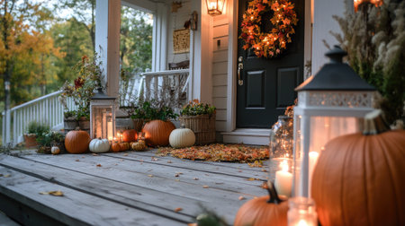Discover a cozy autumn scene featuring a beautifully decorated porch adorned with pumpkins, candles, and vibrant foliage, creating an inviting ambiance.の素材