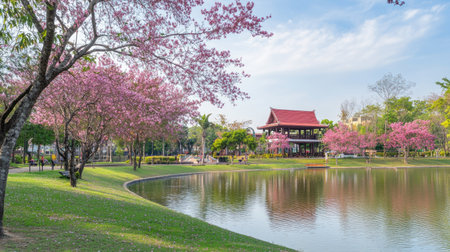 A tranquil park scene featuring blooming cherry trees surrounding a calm lake, reflecting a stunning sky and traditional architecture, perfect for relaxation.の素材