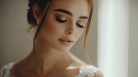 This portrait captures a serene bride with natural makeup and elegant styling, evoking feelings of grace and tranquility in soft, beautiful lighting.の素材