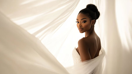 A stunning bride poses gracefully in soft drapery, showcasing her elegant gown and glowing beauty. This enchanting portrait captures the essence of romance and celebration.の素材