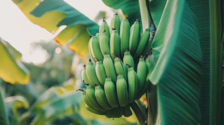 A close-up view of a cluster of fresh green bananas growing on a tropical plant, surrounded by lush leaves and gentle sunlight, showcasing nature's bounty.の素材