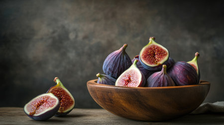 A beautiful arrangement of fresh figs in a wooden bowl on a rustic table. Perfect for highlighting healthy eating, natural beauty, and vibrant colors.の素材
