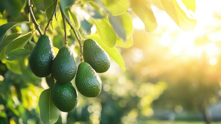 A close-up view of fresh green avocados hanging from tree branches, illuminated by warm sunlight. This vibrant scene captures the essence of nature's bounty.の素材