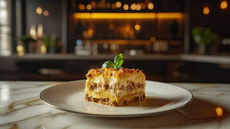 A mouthwatering slice of layered meat lasagna, topped with fresh basil, served on a stylish plate. Perfect for Italian cuisine lovers and food enthusiasts.の素材