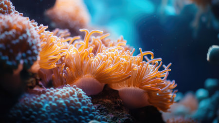Discover a stunning underwater scene featuring vibrant coral and anemones. This image captures the serene beauty of marine life in rich detail, showcasing colorful textures and the delicate ecosystem of the ocean depths.の素材