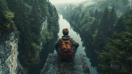 A lone traveler sits peacefully on a rocky ledge, gazing at a misty river winding through lush forest. The scene evokes feelings of tranquility and adventure.の素材