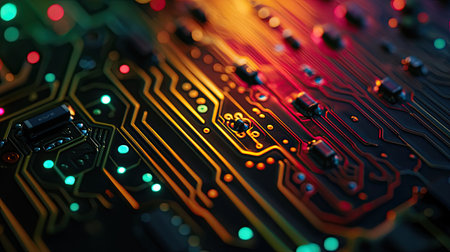 Close-up of a vibrant circuit board with colorful lights showcasing intricate patterns and designs, representing technology and innovation in the digital age.の素材