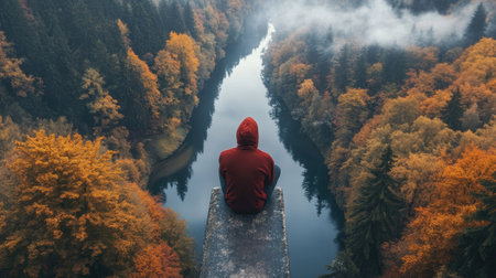 A serene autumn scene features a person sitting on a ledge overlooking a winding river surrounded by vibrant trees, enveloped in mist. Perfect for conveying tranquility.の素材