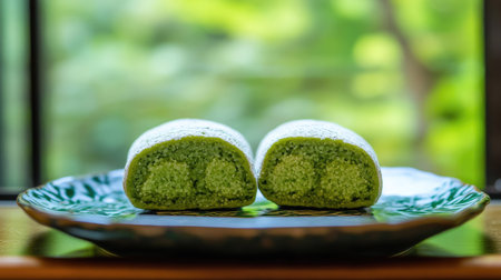 A close-up view of a green dessert on a decorative plate, showcasing its soft texture and vibrant color. Perfect for culinary enthusiasts and food lovers.の素材