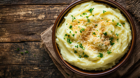 A delicious bowl of creamy mashed potatoes garnished with herbs and seasoning, perfect for comfort food lovers. Ideal for various meals.の素材