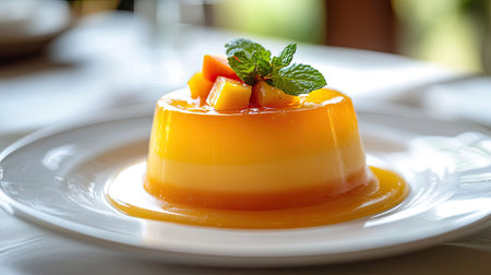 A vibrant fruit jelly dessert served on a plate, featuring layers of colorful flavors and garnished with fresh mint, perfect for summer dining.の素材