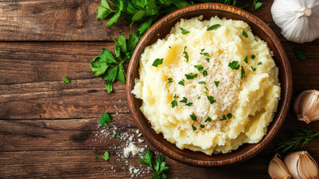 Indulge in this creamy mashed potato dish, beautifully garnished with fresh herbs and complemented by garlic. Perfect for comfort food lovers.の素材