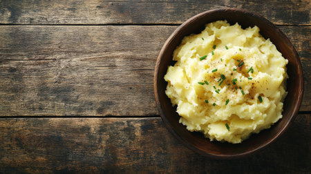 A delicious serving of creamy mashed potatoes topped with chives, presented in a rustic wooden bowl on a weathered table, perfect for comfort meals.の素材