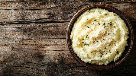 Enjoy a serving of creamy mashed potatoes in a rustic wooden bowl, garnished with parsley. Perfect side dish for hearty meals. Indulge in comfort.の素材