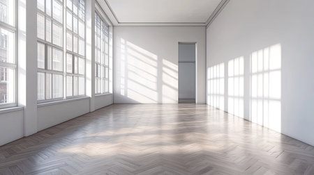 A bright and airy empty room featuring large windows that let in abundant natural light, casting beautiful shadows across a wooden floor, perfect for various interior designs.の素材