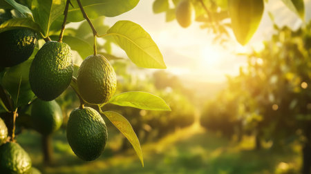 Lush avocado tree with ripe fruit basking in warm sunlight, showcasing a serene orchard scene. Perfect for agricultural and nature-themed projects.の素材